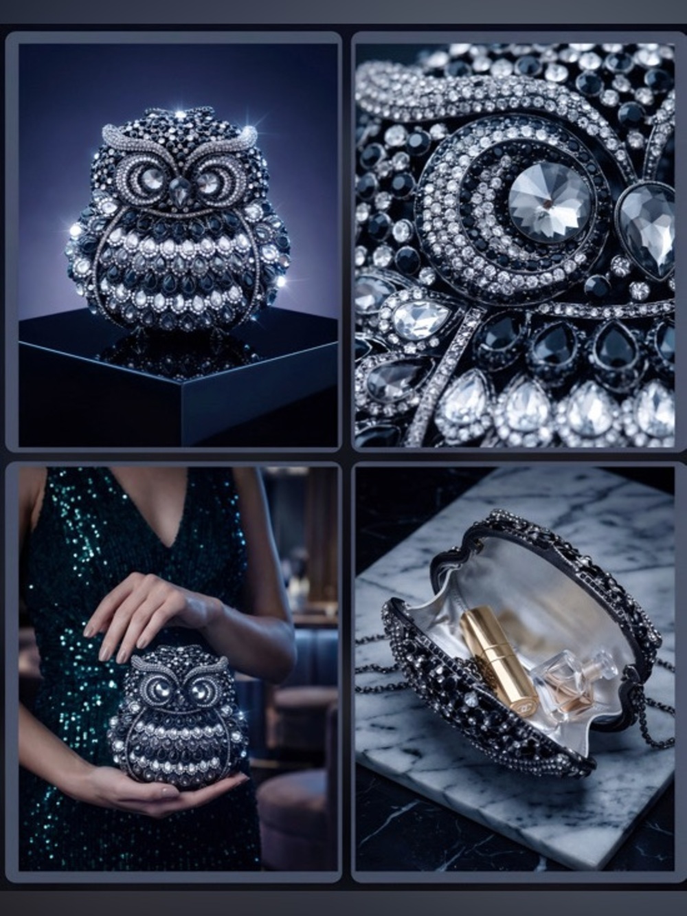 Embellished Owl Evening Clutch Bag in Clear & Black Crystals Chain Strap
